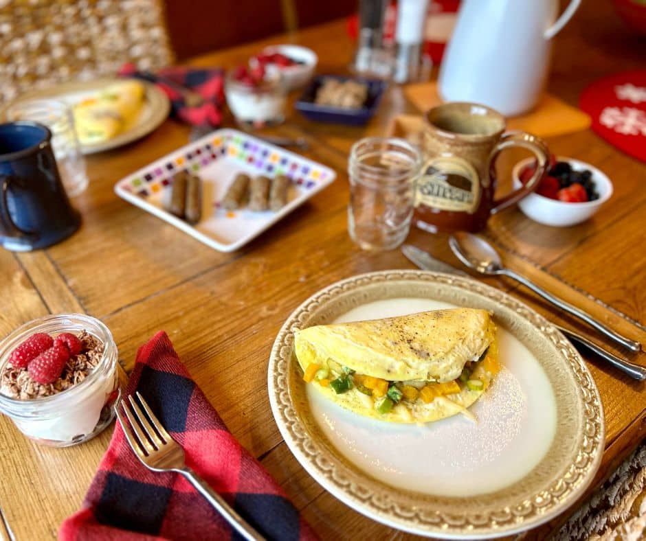 Omelette on a Plate with other breakfast items