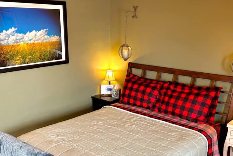 Bedroom with queen bed with black and red buffalo check sheets and pillows, and two side tables with lamps